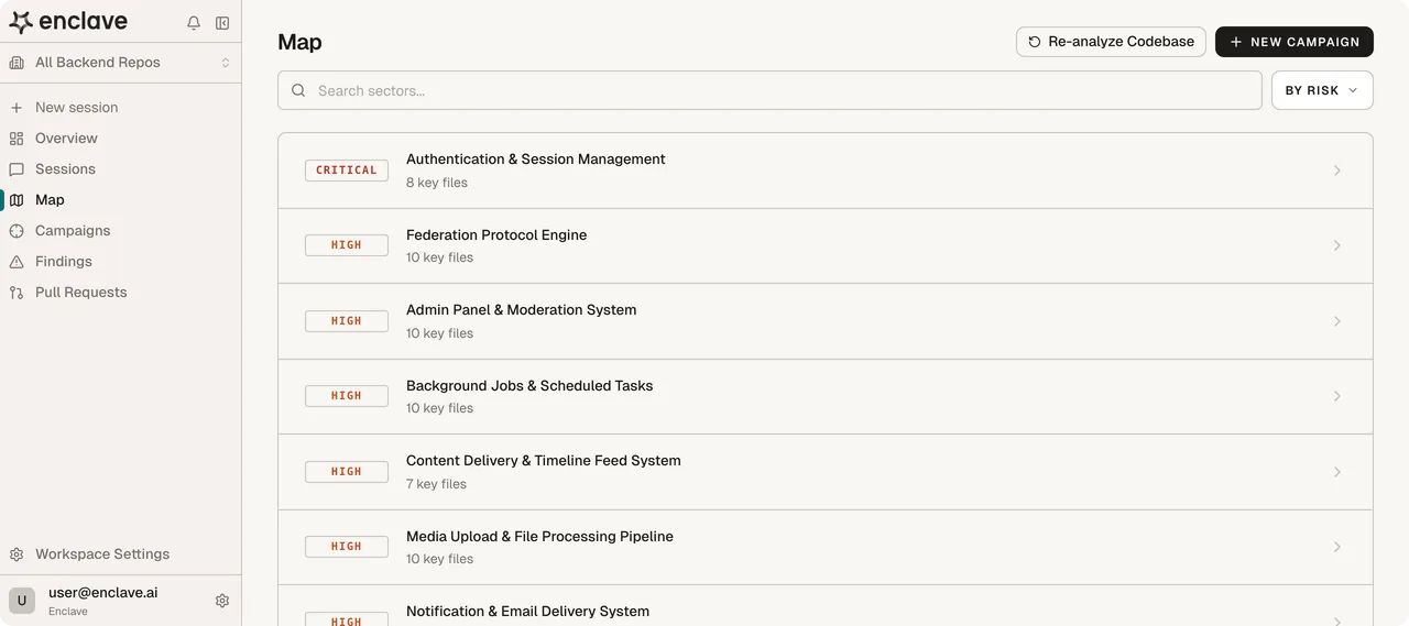 Enclave codebase mapper: sector list with risk badges and key-file counts