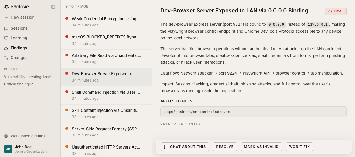 Enclave UI — security findings dashboard