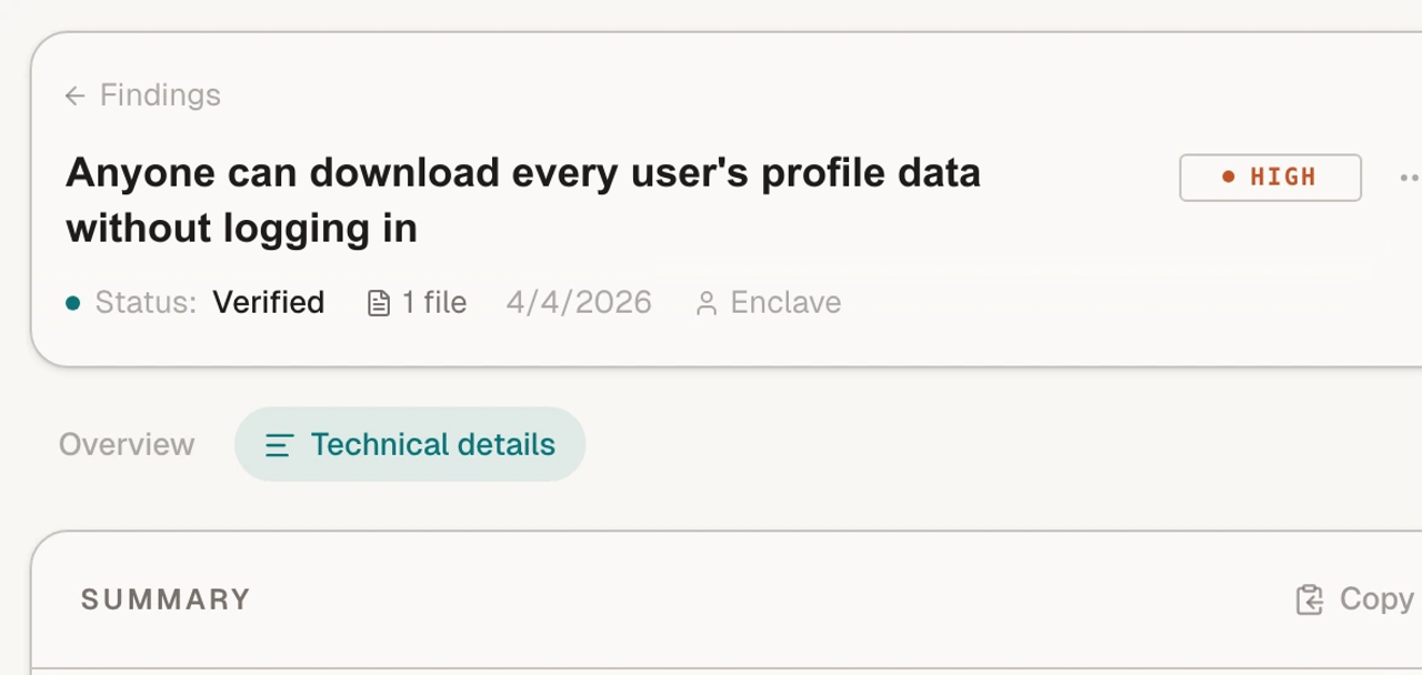 Enclave finding detail screen showing a verified high-severity issue where anyone can download every user's profile data